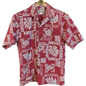 Blue Hawaii Hawaiian made Red Block Print Aloha Shirt Size Small turtle tropical